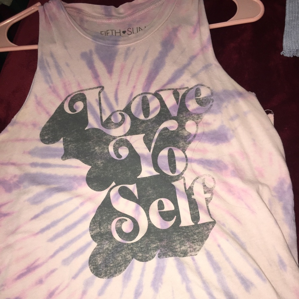 Pink and white tie dye Love yoself muscle shirt
